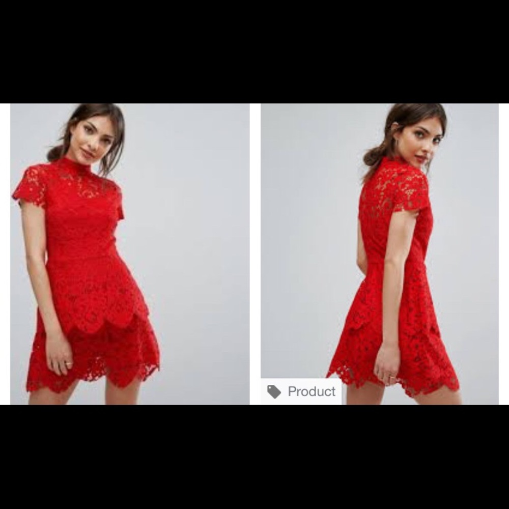 Misguided red lace dress high neck